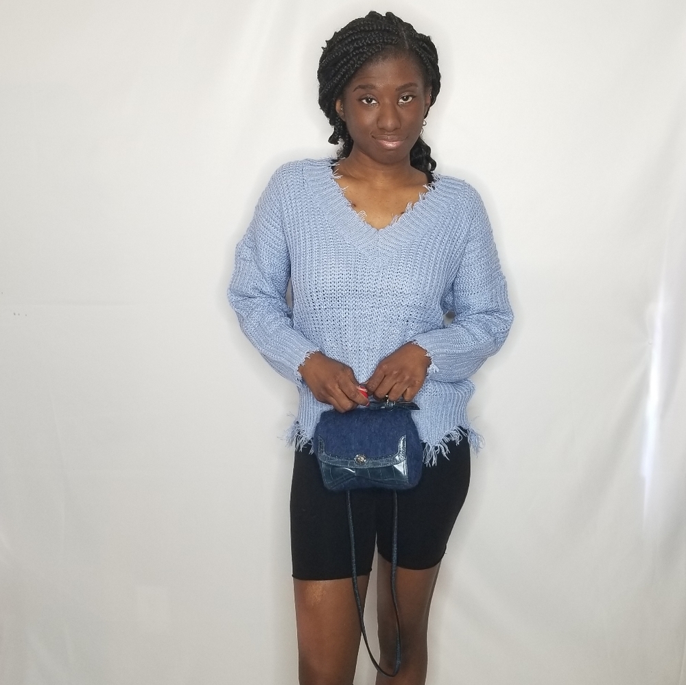 Faded Denim Frayed Long Sleeve V Neck Sweater
